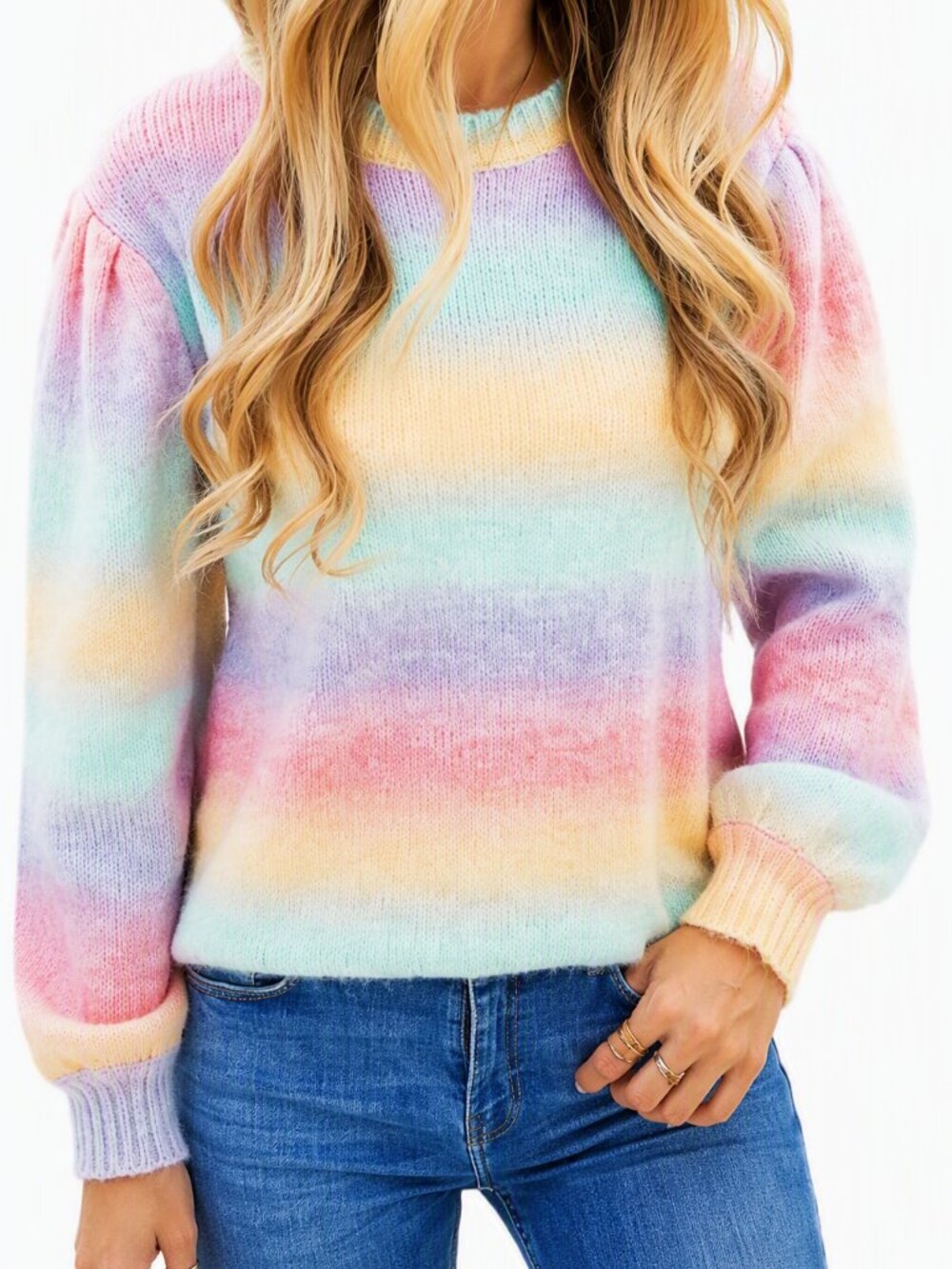 Royal‎ + Reese Large Pastel Ombre Sweater Bishop Sleeves Soft Cozy Knit NWOT L